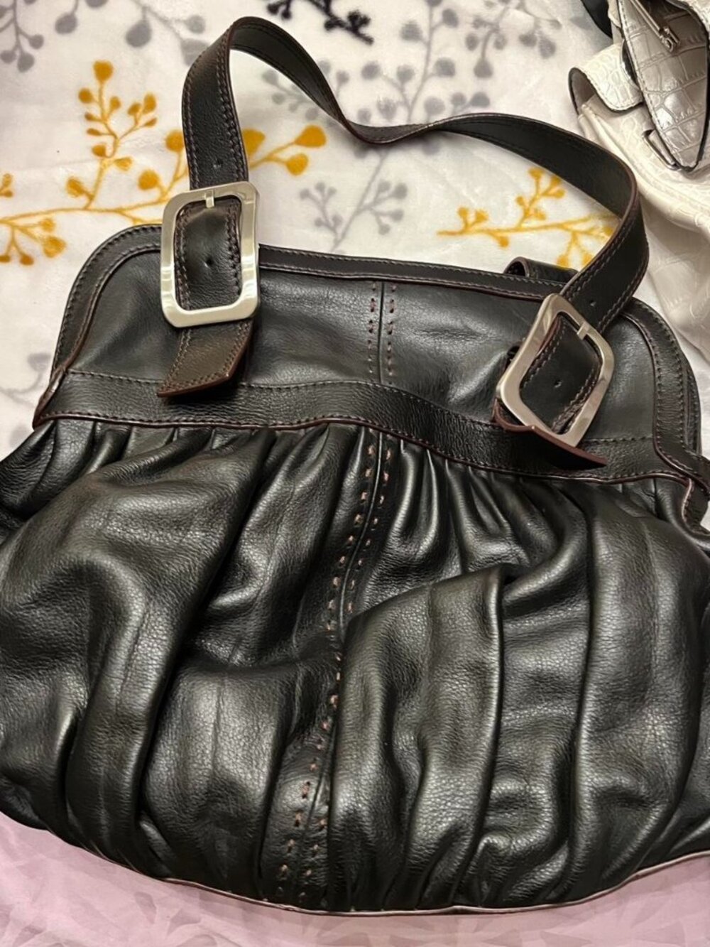 Vintage Cole Hann Black Leather Buckle Shoulder Bag Ruched Tote